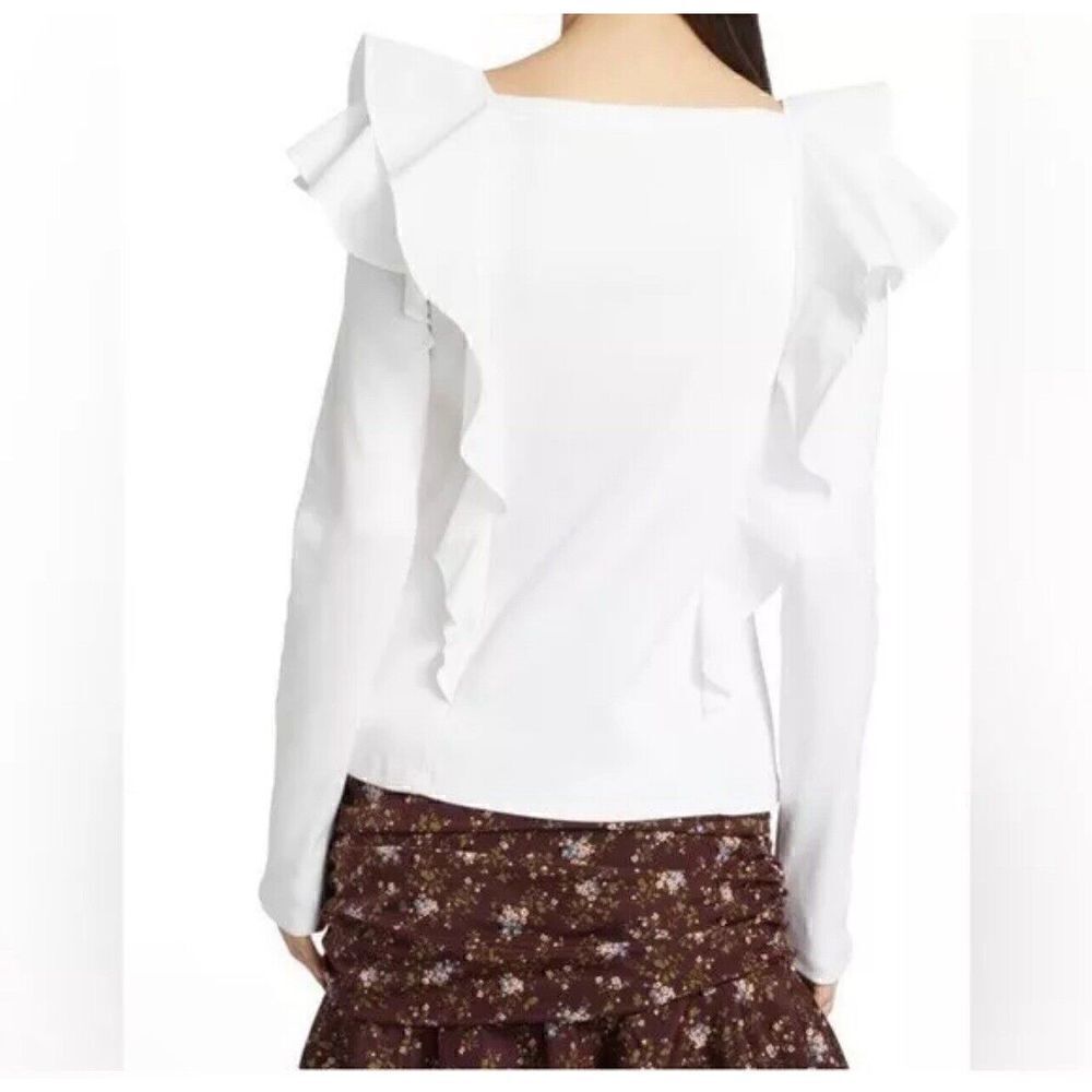 VERONICA BEARD Jeans Gidea White Ribbed Rib Knit Ruffle Cotton Poplin Top M - Picture 5 of 10
